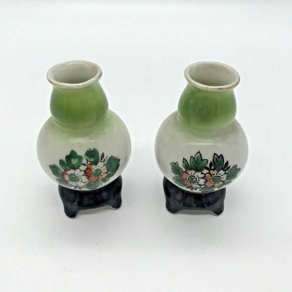 Pair Vintage Vase H KATO Miniature Footed Green Floral Occupied Japan Signed - Picture 3 of 9